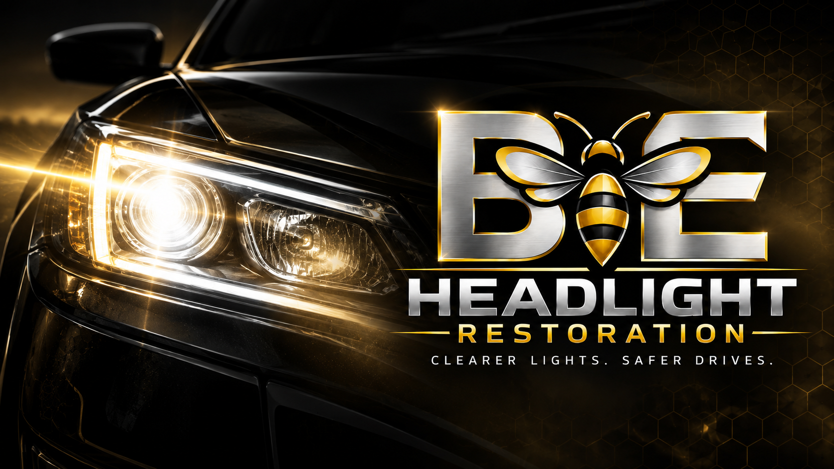 B.E. Headlight Restoration branding with automotive headlight imagery